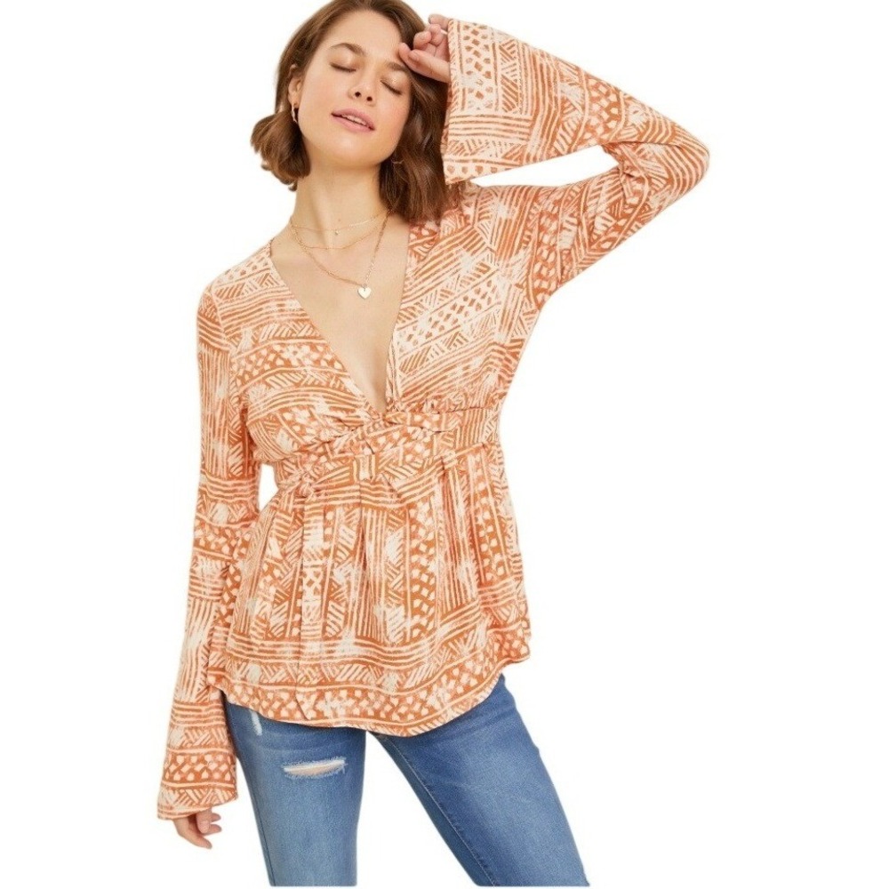 Heyson Rust‎ Aztec Printed V-Neck Bell Sleeve Tie Waist Blouse Small
